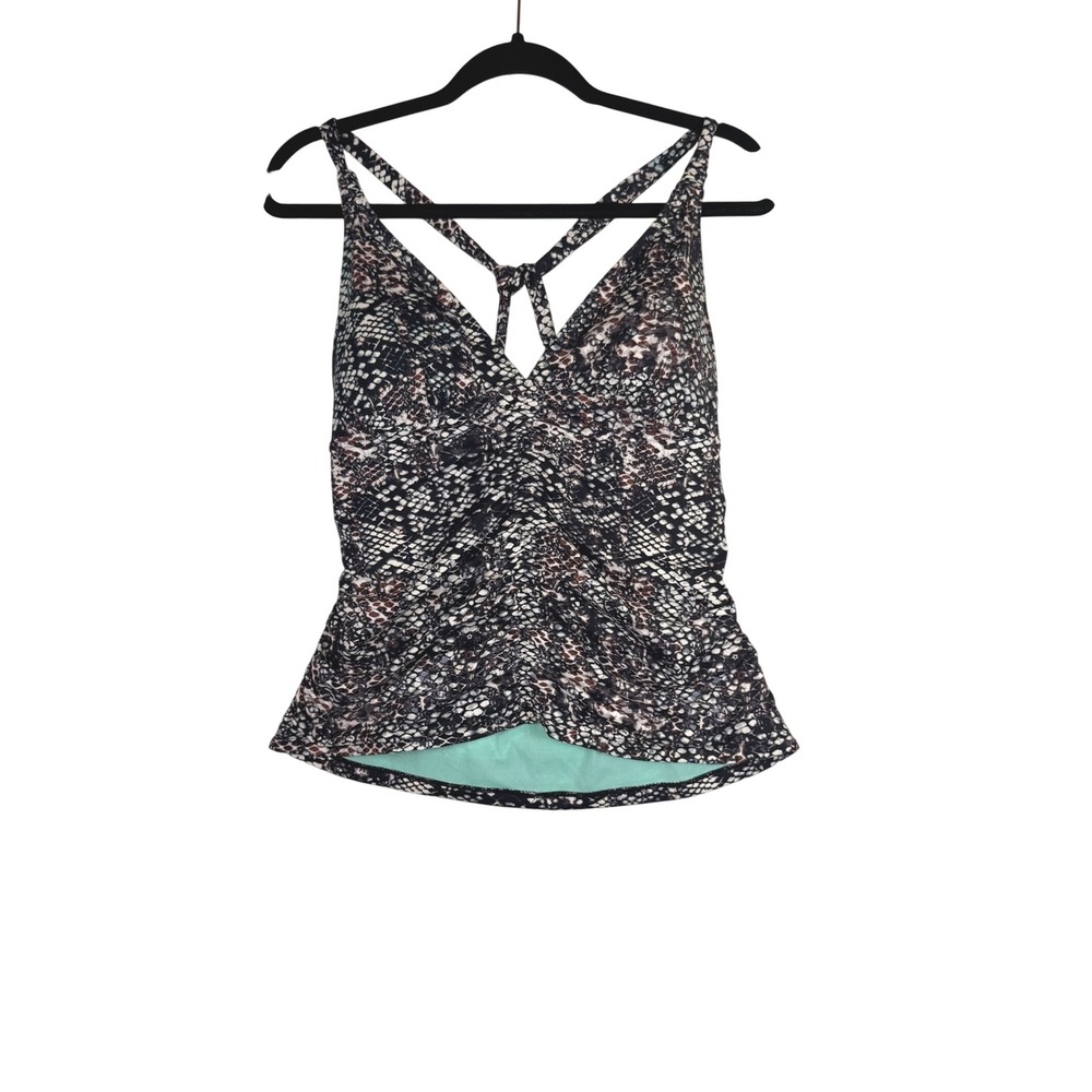 Athleta Wmns Snakeskin Print Ruched Tankini Top Black Brown Sz L Vacation Chic